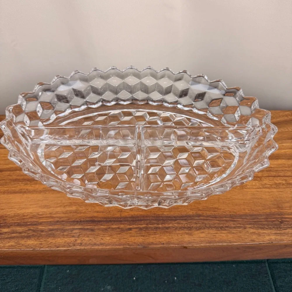 Fostoria America Clear Glass 3 Part Divided Relish Dish Oval Cube Pattern 10.5in
